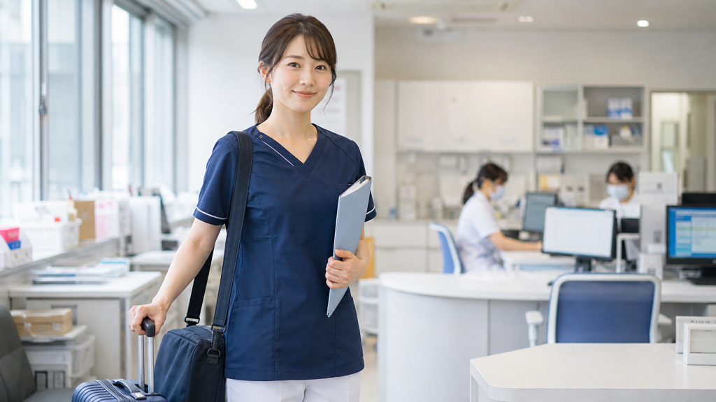 短期赴任のため荷物を持って病院に立つ看護師