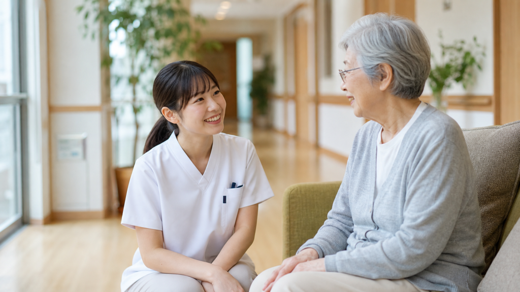 有料老人ホームで入居者と話す看護師