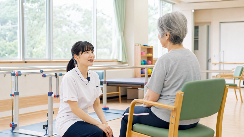 老健のリハビリ室で高齢者に声をかける看護師