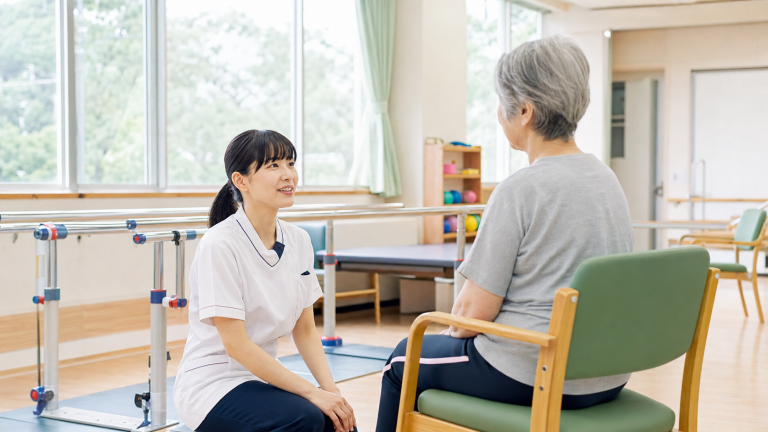 老健のリハビリ室で高齢者に声をかける看護師