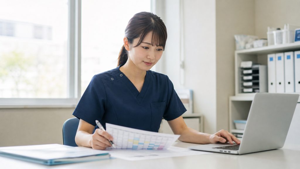 勤務表を確認しながら時短勤務の条件を考える看護師