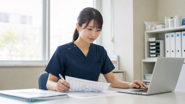 勤務表を確認しながら時短勤務の条件を考える看護師