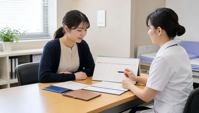 勤務開始日をカレンダーで確認する看護師と採用担当者