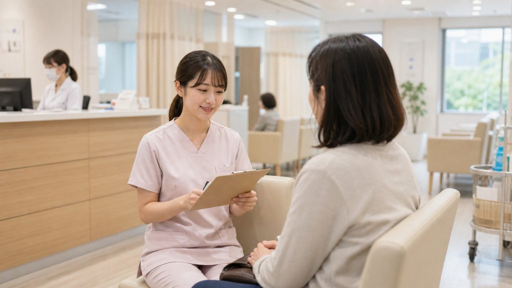 ワクチン外来の待合スペースで問診票を確認する看護師