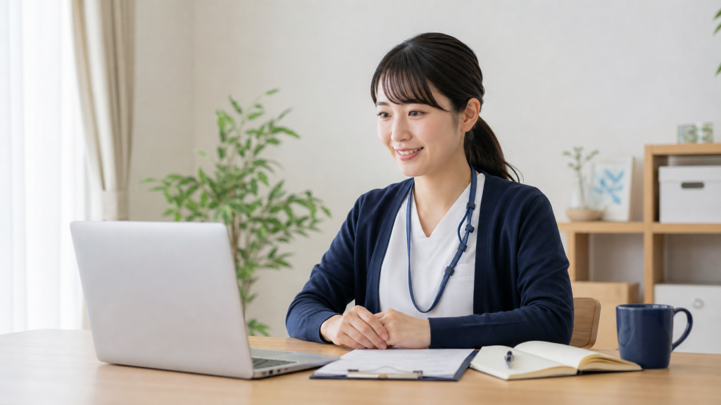 オンライン面接に備えてノートとパソコンを確認する看護師