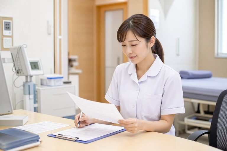 ペインクリニック看護師求人の問診資料を確認する外来看護師