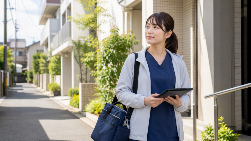 精神科訪問看護の訪問前に住宅街で準備する看護師の仕事風景