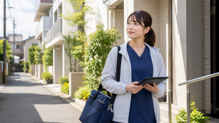 精神科訪問看護の訪問前に住宅街で準備する看護師の仕事風景