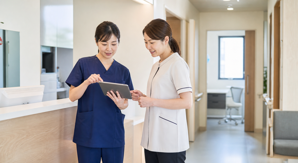 完全予約制クリニックの予約表を確認する看護師