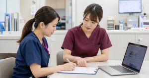 プリセプター制度と教育体制を確認する看護師の面談風景