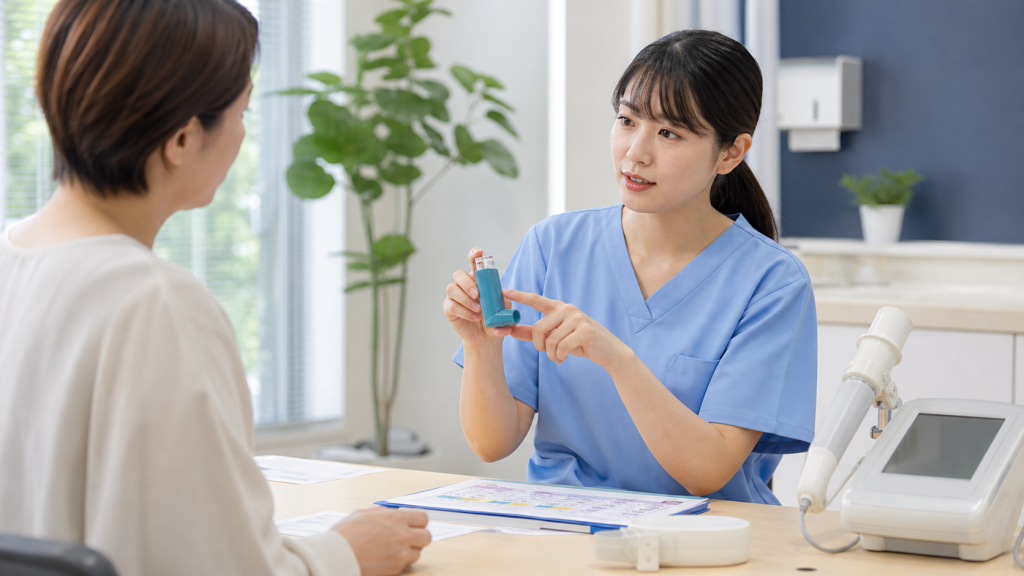 喘息外来で吸入指導を行う看護師
