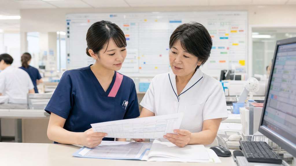 病床管理室で入退院調整資料を確認する看護師