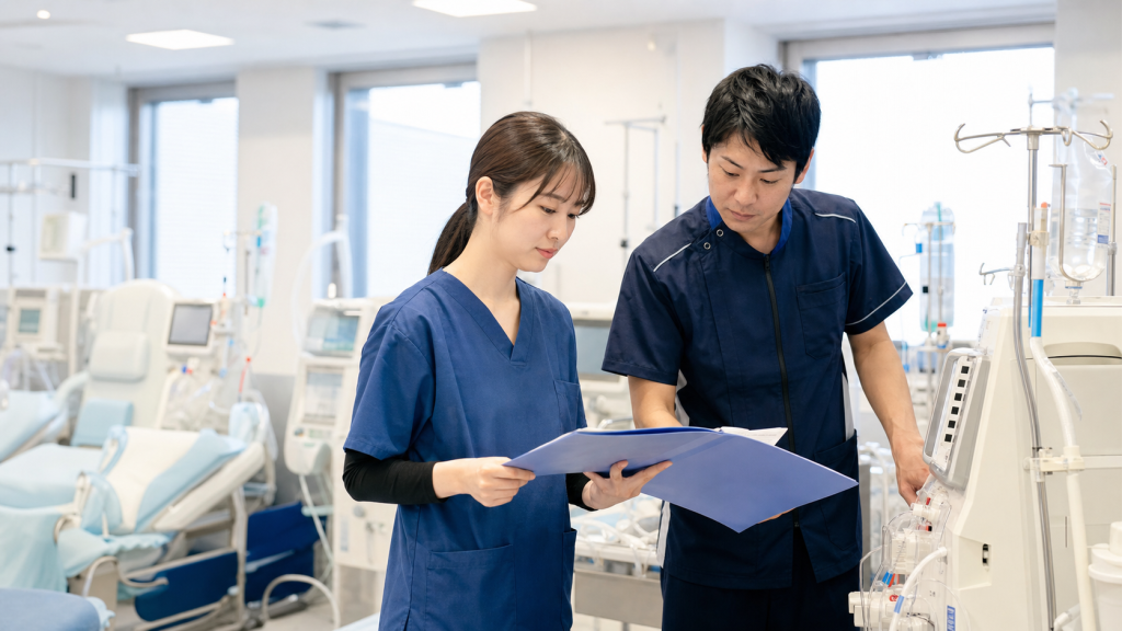 血液浄化センターで装置と記録を確認する看護師の様子