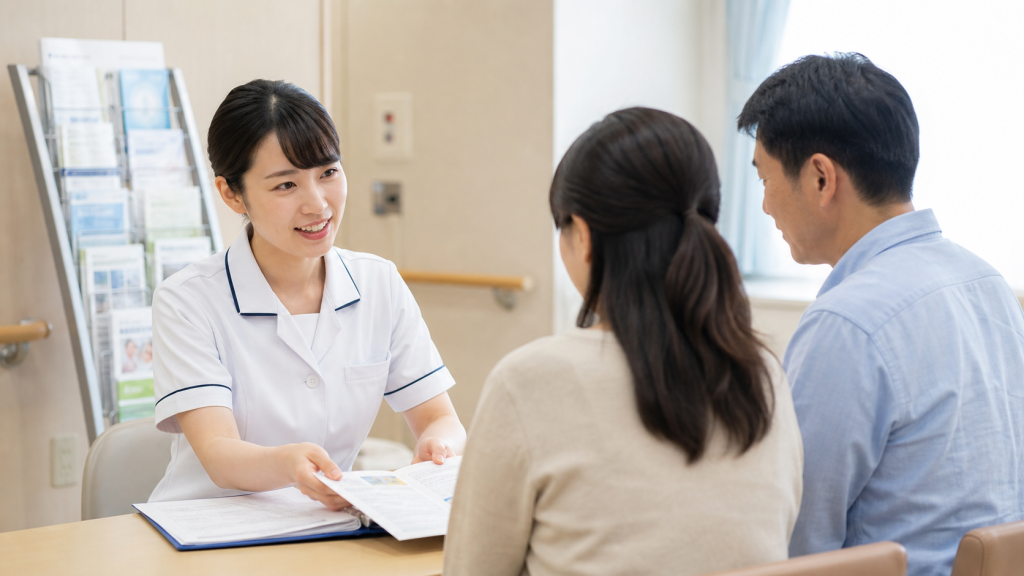 がん相談支援センターで患者と家族に説明する看護師