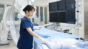 心臓カテーテル室で検査準備とモニターを確認する看護師