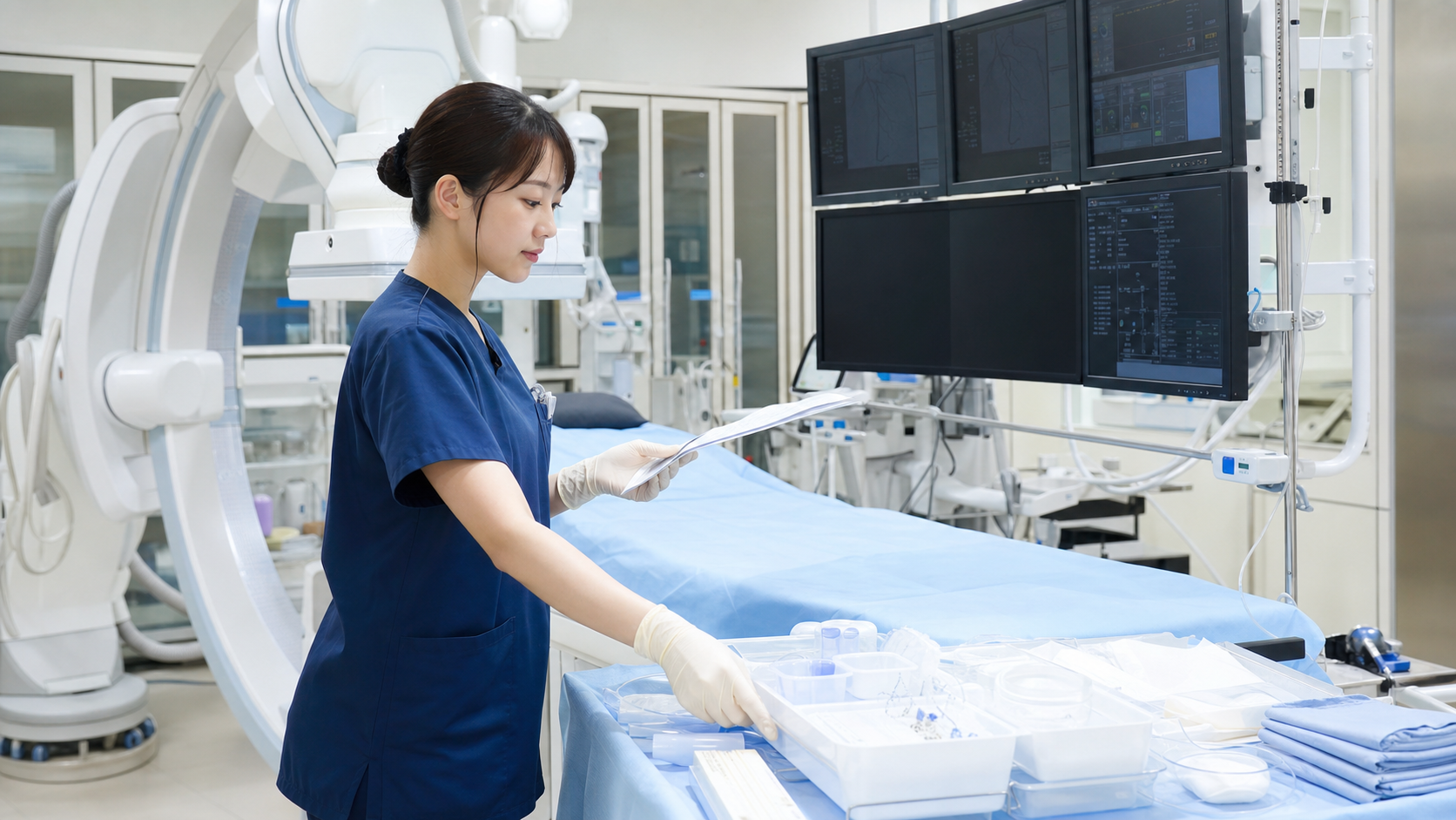 心臓カテーテル室で検査準備とモニターを確認する看護師