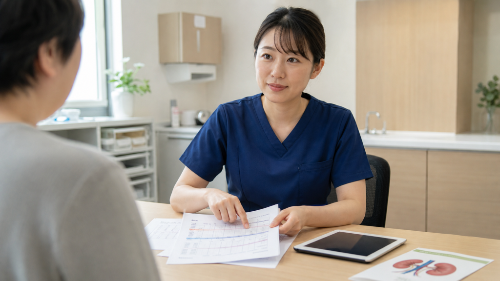CKD外来で検査結果を確認しながら説明する看護師