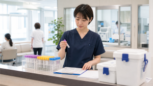 臨床検査センターで検体を確認する看護師の求人イメージ