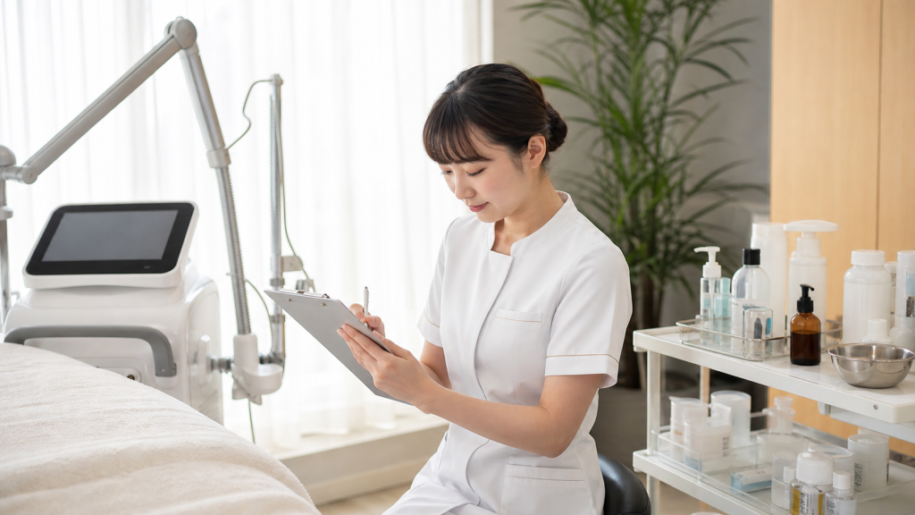 美容皮膚科看護師求人の施術準備を確認するクリニック看護師