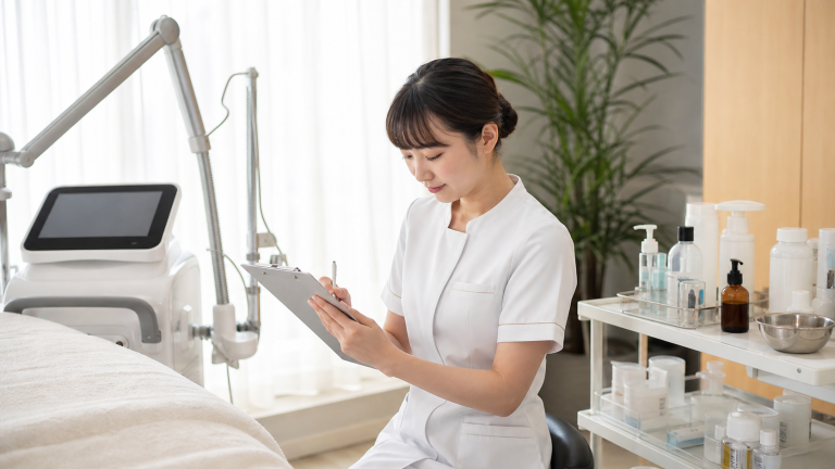 美容皮膚科看護師求人の施術準備を確認するクリニック看護師