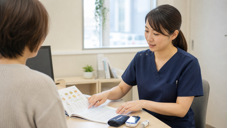 糖尿病療養指導外来で看護師が患者に生活指導を行う様子