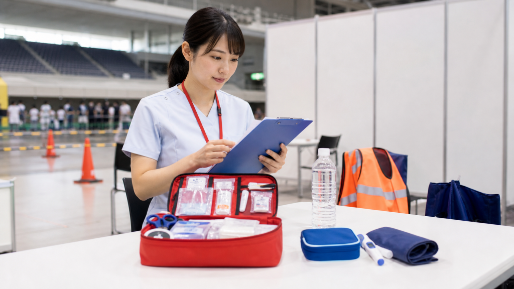 イベント救護ブースで救急用品とチェックリストを確認するイベントナース