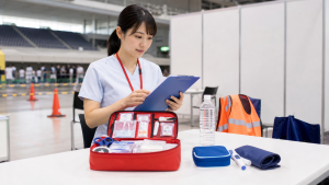 イベント救護ブースで救急用品とチェックリストを確認するイベントナース