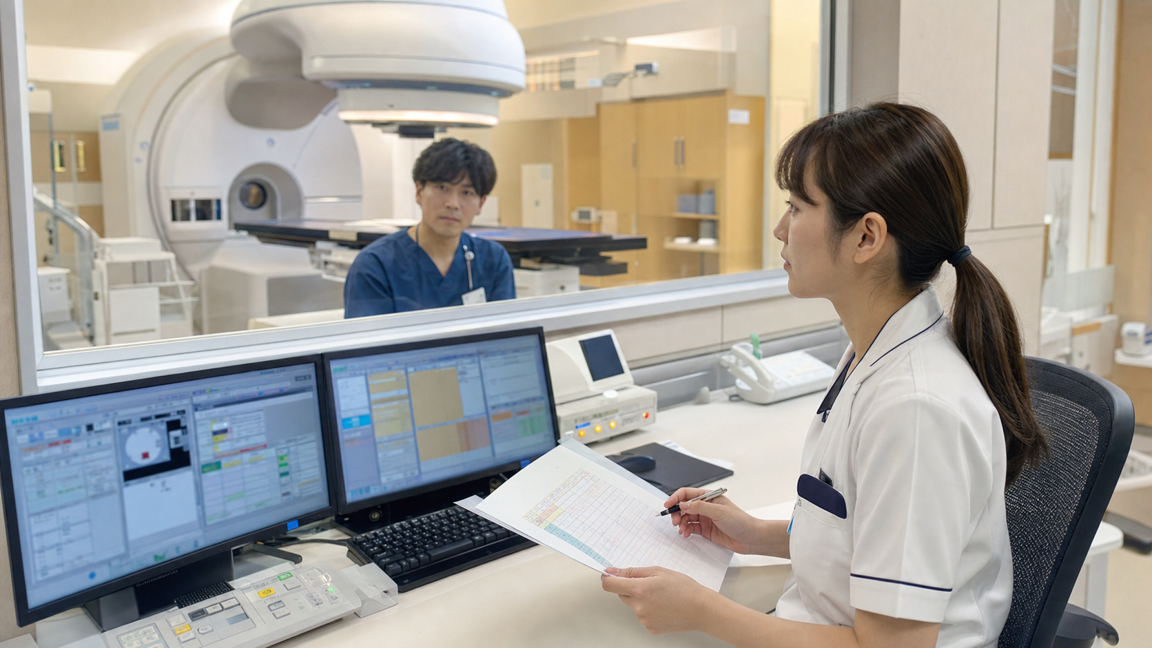 放射線治療室で照射スケジュールを確認する看護師の様子