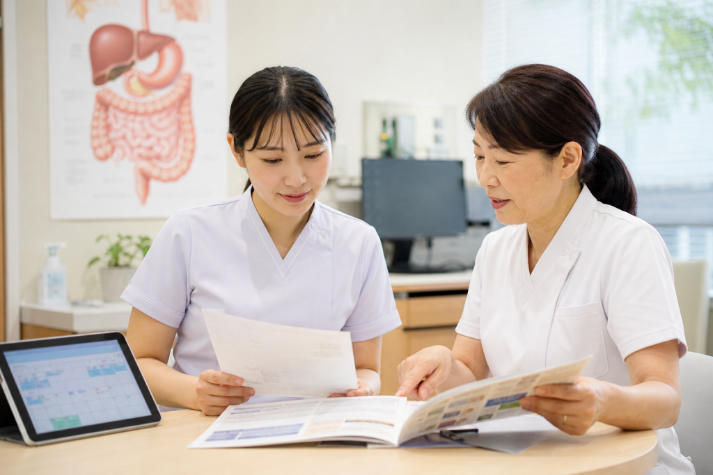 消化器内科外来でIBD外来の説明資料を確認する看護師