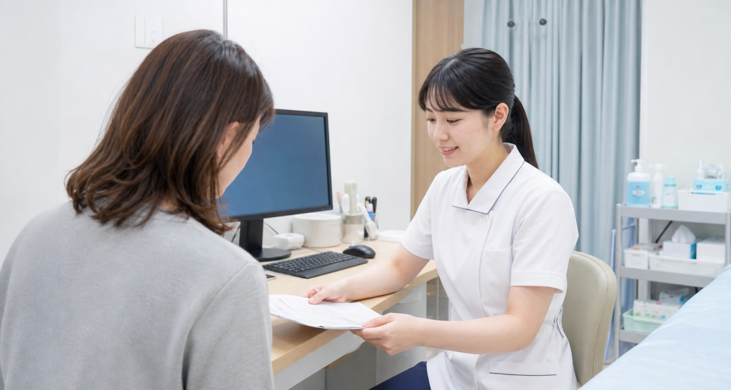 乳腺外科クリニックで検査説明を行う看護師