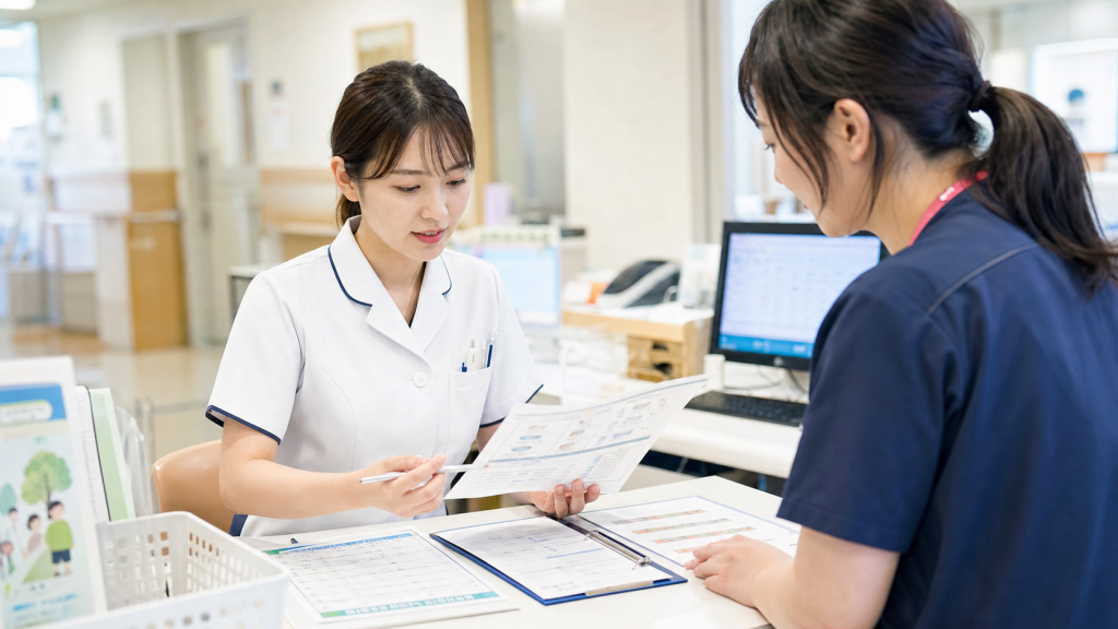 膠原病内科外来で問診票と検査説明資料を確認する看護師