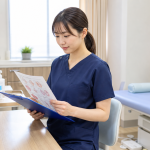 総合診療外来で問診票と検査説明資料を確認する看護師
