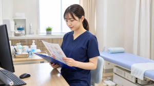 総合診療外来で問診票と検査説明資料を確認する看護師
