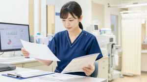 血液内科クリニックで検査結果と説明資料を確認する看護師