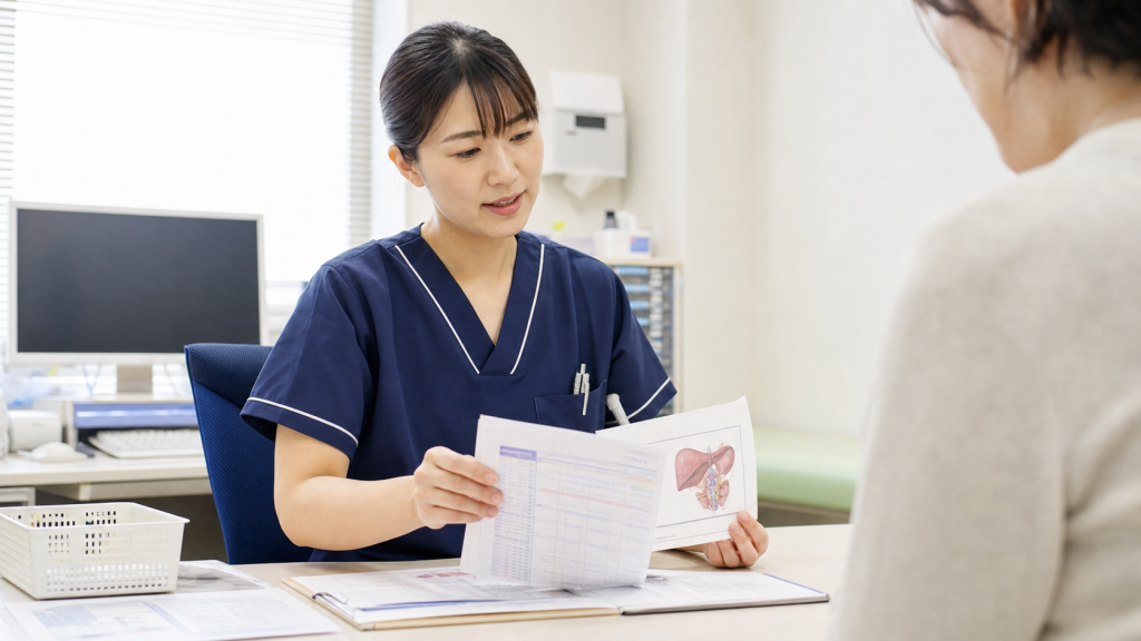 肝臓内科クリニックで検査説明を行う看護師