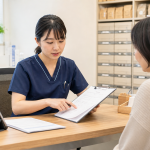 漢方内科クリニックで問診票と服薬説明を確認する看護師