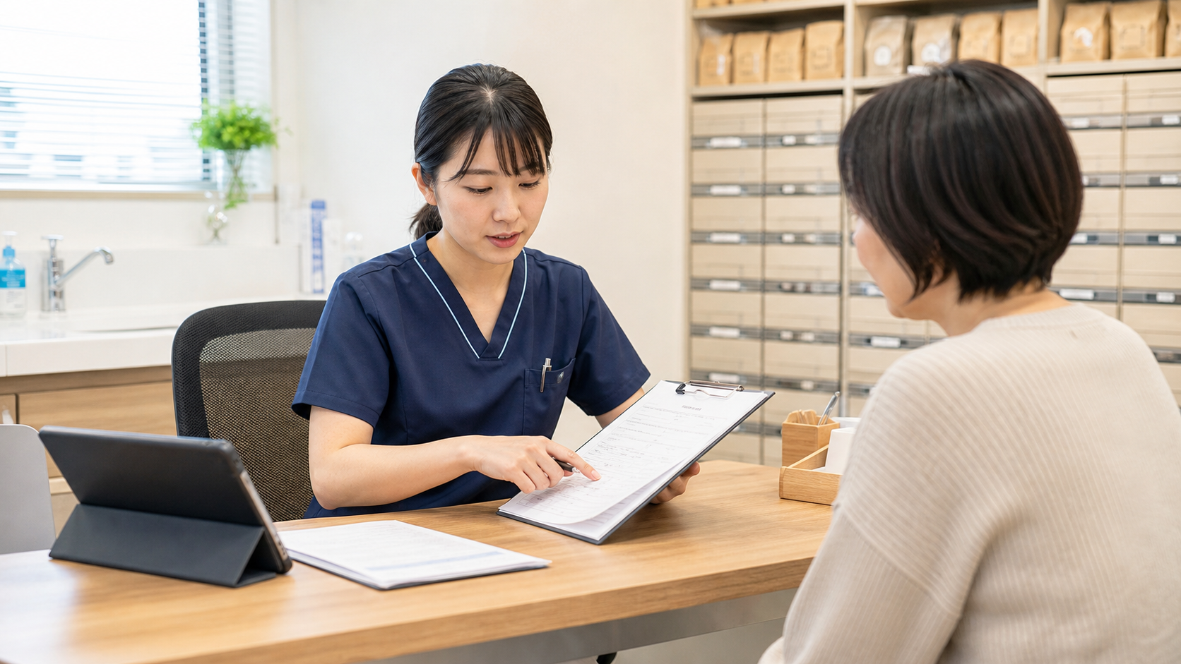 漢方内科クリニックで問診票と服薬説明を確認する看護師