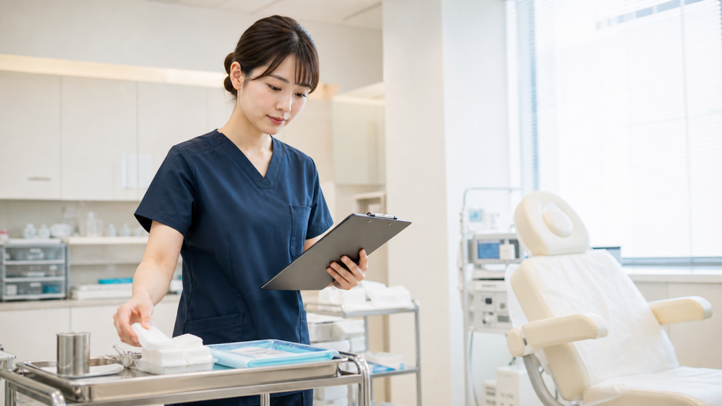 形成外科クリニックで処置準備をする看護師