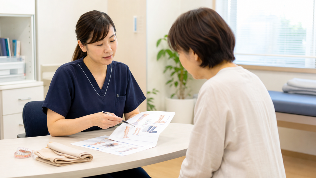 リンパ浮腫外来で弾性着衣の説明資料を確認する看護師