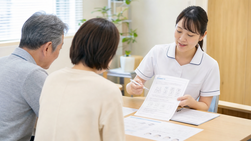 物忘れ外来で問診票と認知機能検査資料を確認する看護師