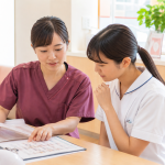 産婦人科クリニックで勤務内容を確認する看護師