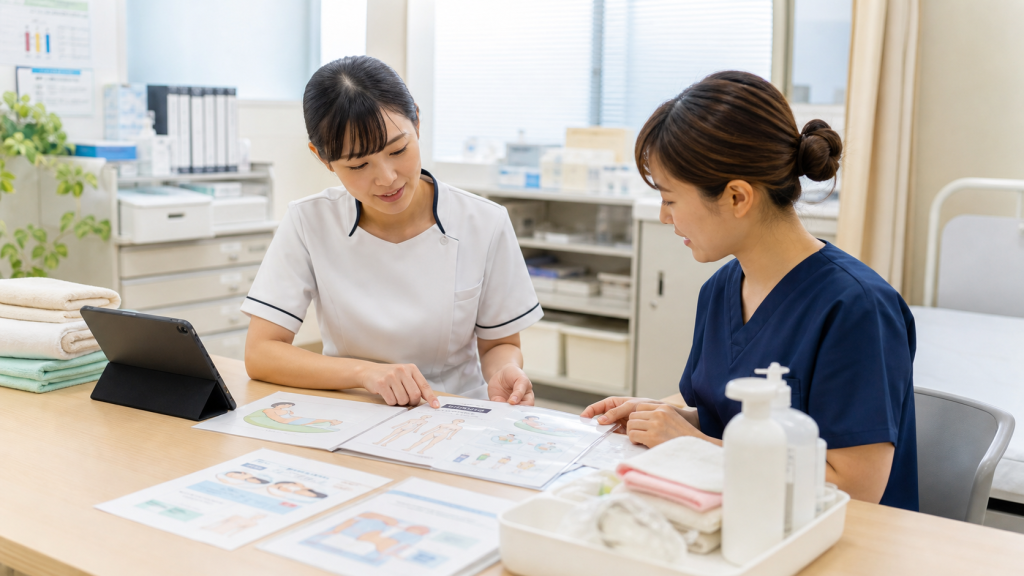 褥瘡外来でスキンケア資料と体位調整資料を確認する看護師