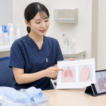 呼吸器外科外来で検査説明資料を確認する看護師