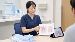 呼吸器外科外来で検査説明資料を確認する看護師