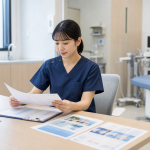 泌尿器科クリニックで検査説明資料を確認する看護師