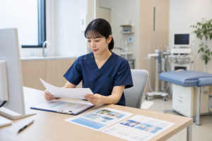 泌尿器科クリニックで検査説明資料を確認する看護師