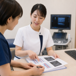 血管外科クリニックで検査説明資料を確認する看護師