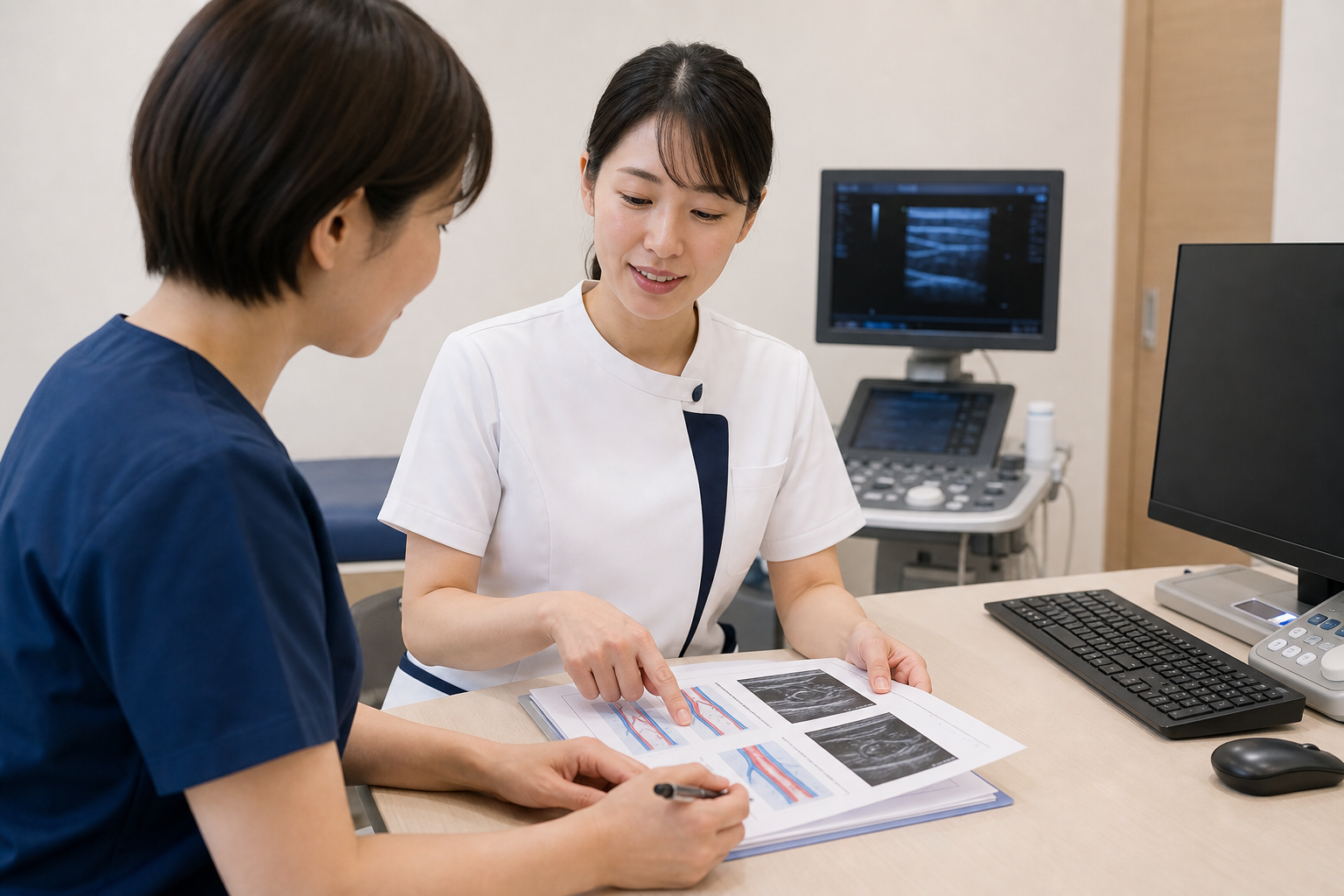血管外科クリニックで検査説明資料を確認する看護師