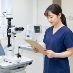 眼科外来の検査機器のそばで確認作業をする看護師