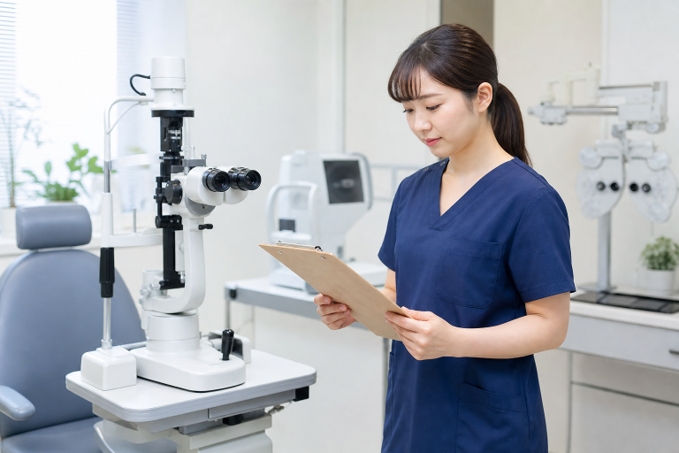 眼科外来の検査機器のそばで確認作業をする看護師